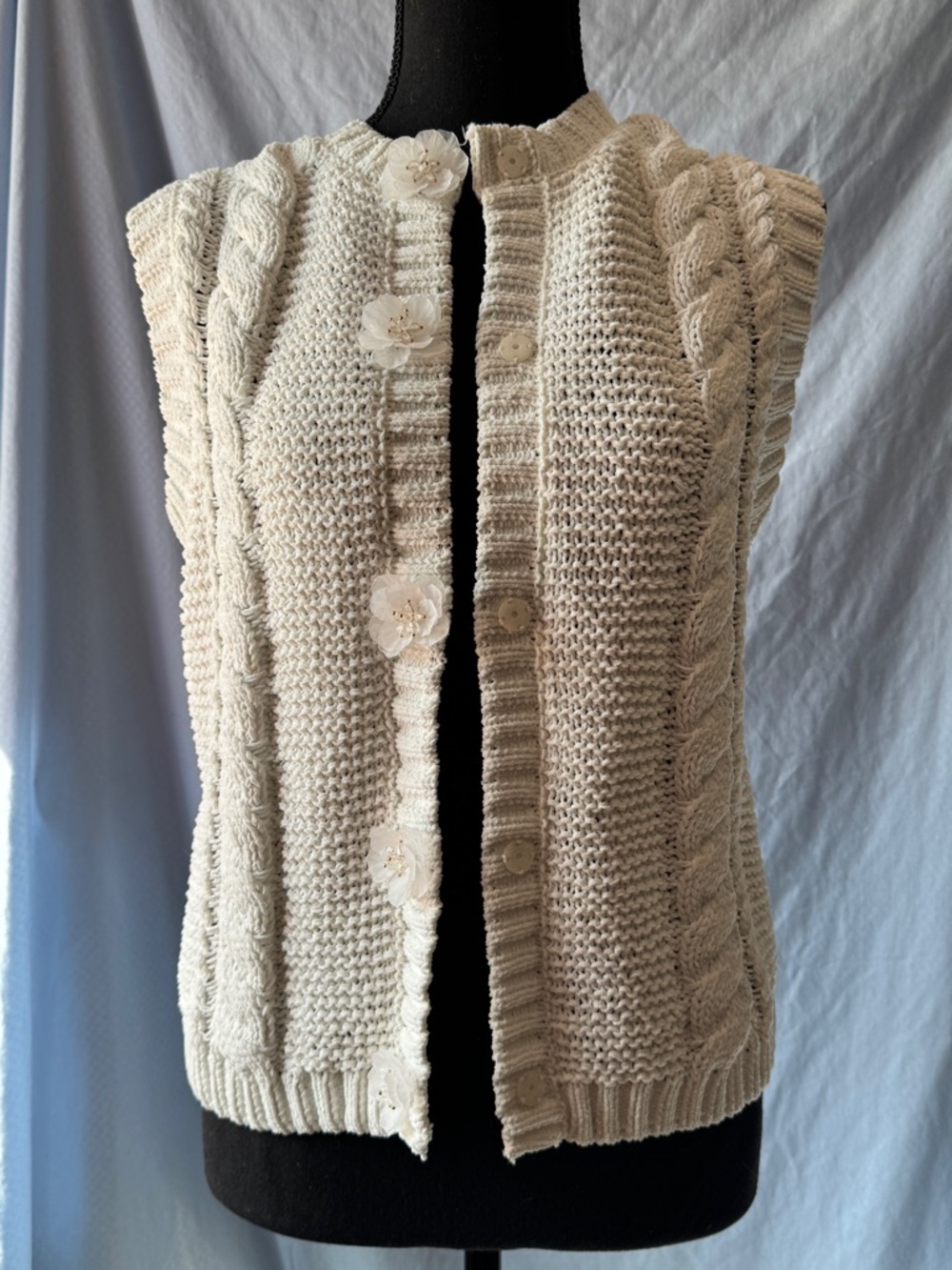 White Cable Knit Button-Up Sweater Vest